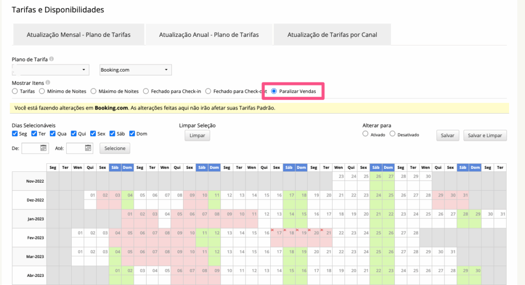 tarifas e disponibilidades no channel manager